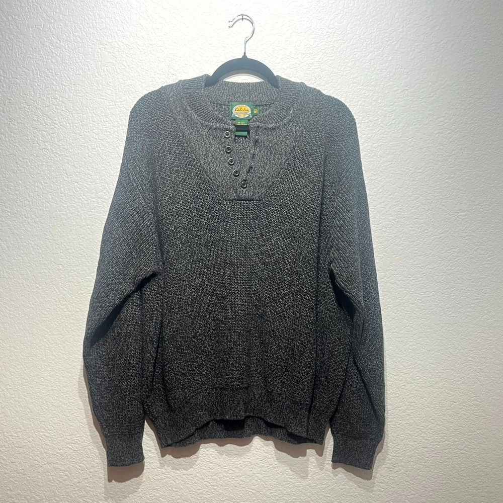 Vintage 90s Cabela's Sweater Mens 2XL Gray Cotton Chunky Knit Ribbed Henley Neck